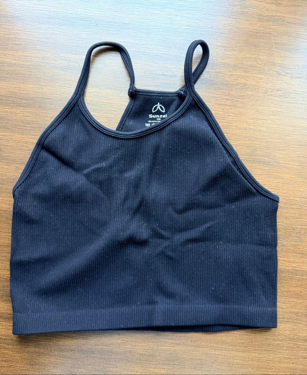 Sunzel Ribbed Seamless Crop Tank Top Sports Bra Fitness Athleisure Black L/XL